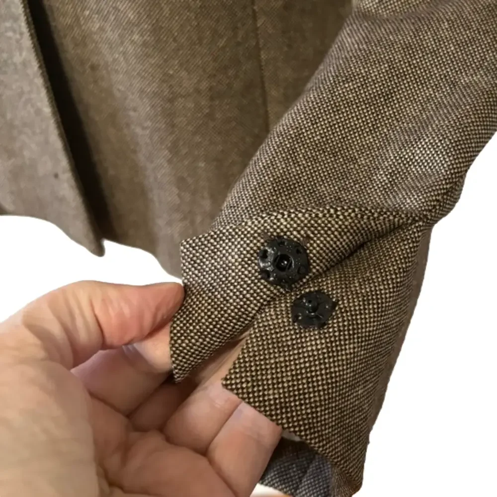 90s MINIMALIST TAN & BLACK WOVEN WOOL BLEND LINED CROPPED BLAZER CARLSON 10P - Picture 12 of 13